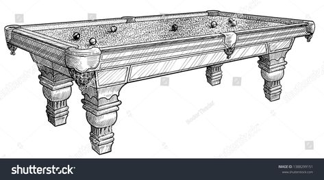 Pool Table Tattoo, Billiard Drawing, Pool Table Drawing, Ink Line Art, Table Illustration, Table Drawing, Perspective Sketch, Line Art Vector, Point Perspective