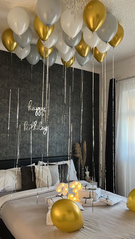 Bedroom Balloon Decorations For Birthday, Easy Hotel Birthday Decorations, Balloons In Hotel Room, Men Birthday Surprise, Birthday Celebration In Hotel Room, Birthday Hotel Room Decorations, Balloon Decoration In Room, Pantry Cabinet Wall, Built In Pantry Cabinet