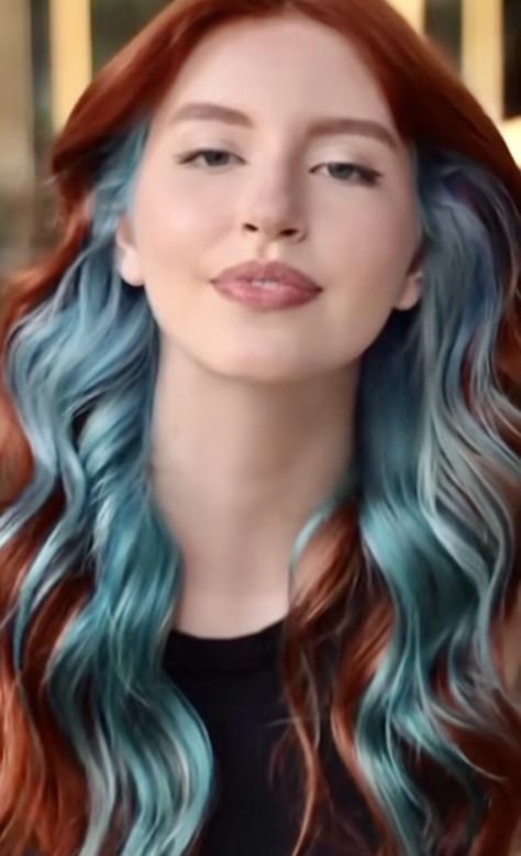 Ginger And Turquoise Hair, Ginger Hair With Green Highlights, Ginger Hair With Vivid Color, Ginger And Blue Hair, Ginger And Green Hair, Colorful Money Piece Hair, Ice Blue Hair, Colored Extensions, Cheveux Oranges