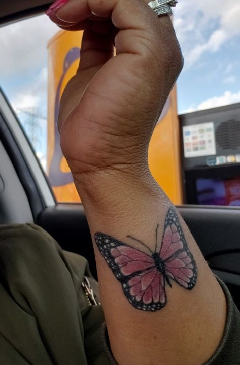 Black And Pink Butterfly Tattoo, Hot Pink Butterfly Tattoo, Black Woman Butterfly Tattoo, Light Pink Butterfly Tattoo, Butterfly Tattoo On Dark Skin, Butterfly Tattoo Pink, Colored Butterfly Tattoo, Color Butterfly Tattoo, Pink Butterfly Tattoo