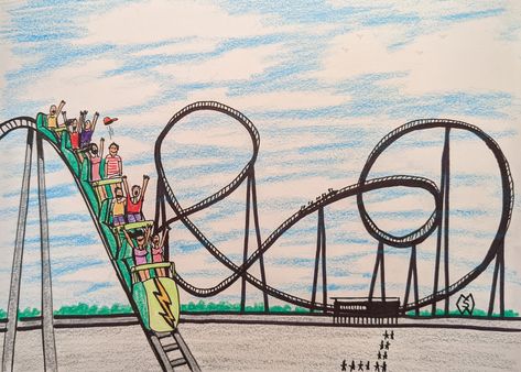 This is my drawing of a roller coaster ride at an amusement park. The riders are having thrills, spills, chills and screams on the fast roller coaster ride. Roller Coaster Drawing, Ride Drawing, Coaster Art, Roller Coaster Ride, Heart Drawing, Mural Painting, Amusement Park, Daily Art, Roller Coaster