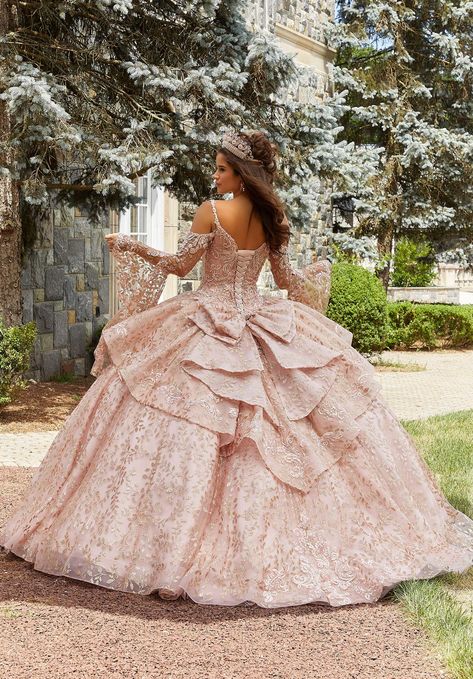 Rhinestone and Crystal Beaded Patterned Glitter Quinceañera Dress Morilee Quinceanera Dresses, Quinceanera Dresses Damas, Damas Dresses, Pink Quince, Quince Dress, Metallic Embroidery, Quince Ideas, Dresses Quinceanera, Baptism Dress