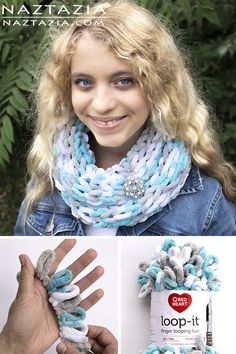 Finger Knit Loop Yarn Scarf and Knitting Projects using Loop It Yarn Loop Yarn Scarf, How To Finger Knit, Finger Knitting Blankets, Finger Knit Scarf, Loopy Yarn, Finger Knitting Projects, Finger Knit, Infinity Scarfs, Yarn Scarf