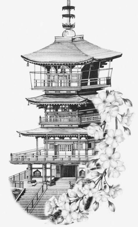 Japanese House Tattoo, Japanese Temple Drawing, Temple Tattoo Design, Japanese Temple Tattoo, History Presentation, Calf Tattoo Ideas, Building Tattoo, Basic Art Techniques, Warrior Tattoo Sleeve