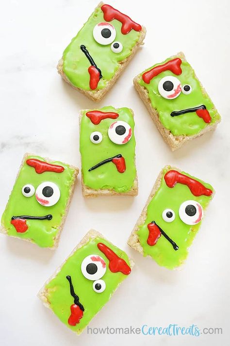 ZOMBIE RICE KRISPIE TREATS with icing. Fun and easy no-bake Halloween dessert idea. VIDEO recipe and more zombie food ideas. Zombie Food Ideas, Zombie Themed Party, Zombie Crafts, Zombie Halloween Party, Zombie Food, Zombie Birthday Parties, Idea Video, Candy Eyes, Zombie Birthday