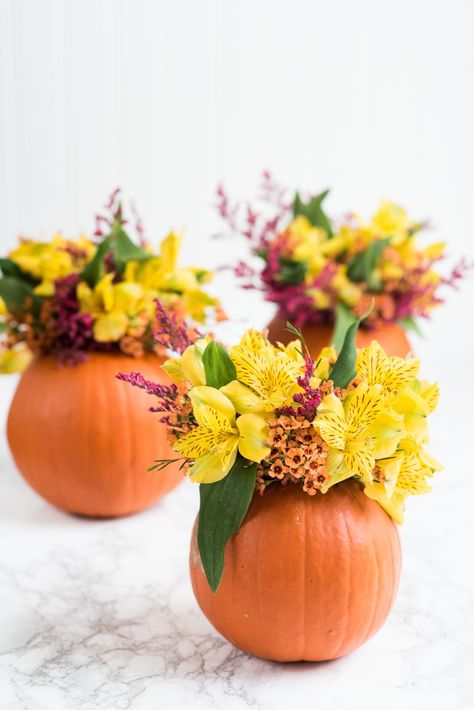 DIY Pumpkin Flower Arrangements | Thanksgiving ideas, Thanksgiving crafts, Thanksgiving table ideas and more DIY projects from @cydconverse Pumpkin Flower Arrangements, Modern Thanksgiving Decor, Christmas Floral Arrangements Diy, Thanksgiving Floral Arrangements, Pumpkin Bouquet, Pumpkin Floral Arrangements, Watermelon Flower, Fall Pumpkin Centerpieces, Thanksgiving Floral