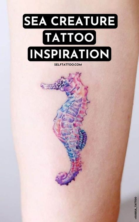 Human Anatomy Tattoo Ideas, Small Sea Creature Tattoo, Creature Tattoo Ideas, Sea Creature Tattoo Ideas, Dolphin Tattoo For Women, Ocean Themed Tattoos For Women, Tattoo Seahorse, Ocean Animal Tattoos, Dolphin Tattoo Meaning