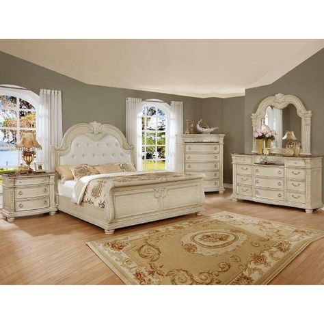 Stanley 5-Piece White Bedroom Set White Marble Bedroom, Wood Headboard Bedroom, White Bedroom Set Furniture, Marble Bedroom, White Bedroom Set, 5 Piece Bedroom Set, Sleigh Bedroom Set, Platform Bedroom Sets, Decor Ikea