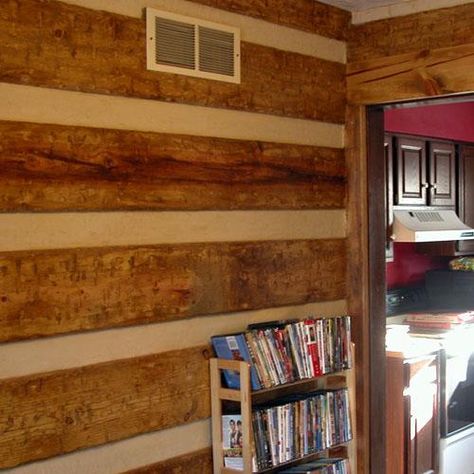 Paint rv cream, attach hooks, hang boards on outside to mimic log cabin. Set up false roof. Keep the nosy neighbors away! Faux Cabin Walls, Log Cabin Rooms, Diy Log Cabin, Log Cabin Interior, Log Home Interiors, Log Wall, Rustic Log Cabin, Log Home Decorating, Cabin Interiors