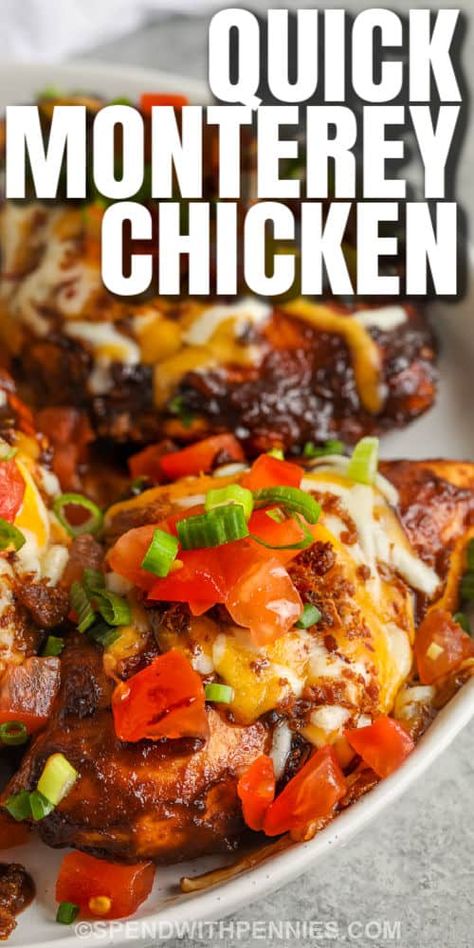 Monterey Chicken is a one pan casserole bake that can be made in oven or skillet. This simple recipe is easy to make and simple to customize. Sub out Monterey Jack cheese with Cotija, or make Monterey Chicken into a burrito, a taquito, or a simple sandwich. Serve it over rice or pasta for a dinner time entree the whole family will love. #spendwithpennies #montereychicken #baked #casserole Monterey Chicken Bake, Baked Monterey Chicken, Monterey Jack Chicken, One Pan Casserole, Monterrey Chicken, Easy Baked Chicken Breast Recipes, Casserole Bake, Easy Baked Chicken Breast, Monterey Chicken