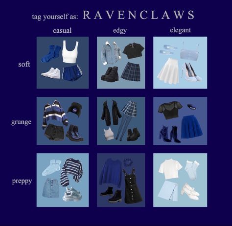 Ravenclaw Outfits Casual, Hogwarts Houses Ravenclaw, Hogwarts Houses Dresses, Raven Law Outfits, Hogwarts Houses Inspired Outfits, Dark Ravenclaw Aesthetic Outfit, Ravenclaw Casual Outfit, Hogwarts House Inspired Outfits, Modern Ravenclaw Outfit