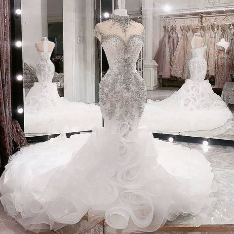 Aso Ebi Wedding, Mermaid Wedding Gown, Crystal Wedding Dress, High Neck Wedding Dress, Stylish Wedding Dresses, Fancy Wedding Dresses, Fancy Wedding, Wedding Gowns Mermaid, Dream Wedding Ideas Dresses