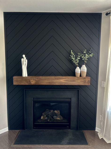 Fireplace Mantle Minimalist, Wood Black Home Decor, Black Fireplace Wall Corner, Black Tile And Shiplap Fireplace, Black Fireplace In Bedroom, Textures Fireplace Wall, Black White And Wood Fireplace, Black Wood Fireplace Mantels, Black Faux Fireplace Mantel