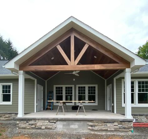 Gabled Pergola Attached To House, Outdoor Beams Porches, Open Beam Front Porch, Back Porch Gable Roof, Gable Front Porch Addition, Add On Covered Back Porch, Add A Covered Back Porch, Front Porch Cathedral Ceiling, Vaulted Porch Ceiling Covered Patios