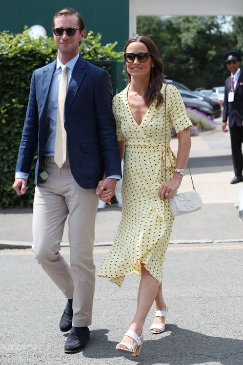 Pippa Middleton Wedding Dress, Pippa Middleton Wedding, Pippa Middleton Style, Yellow Wrap Dress, James Middleton, Carole Middleton, Rose Leslie, Ganni Dress, Kate And Pippa