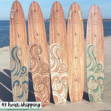 "Surfboard Growth Chart: Wooden Height Board for Ocean Decor, Kids Room, Coastal Nursery, and Beach-Themed Spaces. Capture the Wave of Growth!  Surf into the joy of childhood with our Surfboard Growth Chart. A perfect addition to any surf, beach, or coastal-themed nursery, this height board brings a splash of the sea right into your home and makes the perfect gift for grandchildren. Want your order shipped in 48 hours? --> https://www.etsy.com/listing/1220240614/rush-charge-for-any-order 🌊 AVAI Height Board, Coastal Nursery, Wooden Growth Chart, Ocean Themed Nursery, Vintage Surfboards, Surfboard Decor, Established Family Signs, Wooden Surfboard, Surfboard Wall