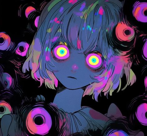 Hypnotic Eyes Drawing, Hypnosis Eyes, Glowing Eyes Art, Colorful Pfp, Scary Eyes, Arte Grunge, Glowing Eyes, Neural Network, Scary Art