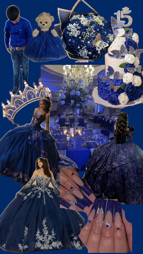 Navy Blue Themed Quinceanera, Quinceanera Navy Blue Decorations, Dark Blue And Gold Quince Dress, Navy Blue Masquerade Quince, Navy Blue Theme Quinceanera, Star Themed Quince, Brave Quinceanera Theme, Navy And Gold Quinceanera Dresses, Disney Theme Quinceanera