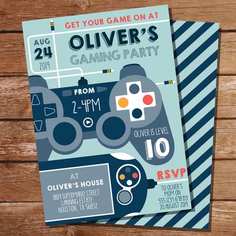 Boys Gaming Party Invitation | Boys Party Ideas | Pin to your party planning board Teen Party Themes, Nintendo Birthday Party, Rocket Party, Boy Party Invitations, Birthday Party Invitations Free, Gaming Party, Gamer Party, Fireman Party, Video Games Birthday