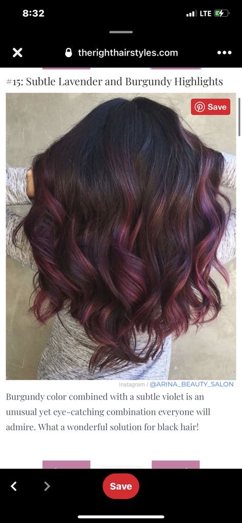 Mulberry Balayage Hair, Mulberry Highlights On Dark Hair, Red Purple Brunette Hair, Dark Brown Purple Hair Burgundy, Dark Red Hair Color Burgundy Purple Fall, Burgundy Highlights, Marsala Color, Purple Foil, Plum Hair