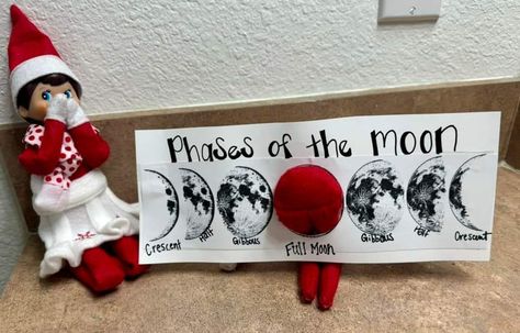 Elf On The Shelf Ideas Full Moon, Elf Phases Of The Moon, Elf Moon Phases, Full Moon Elf On The Shelf, Phases Of The Moon Elf On The Shelf, Stages Of The Moon, Shelf Staging, Moon Stages, Moon Elf