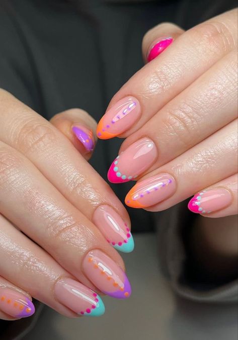 Summer Dot Nails, Cute French Tip Nail Designs For Summer, Vibrant Nail Ideas, Nail Inspo Trendy 2024 Summer Simple, Short Almond Nails Colorful, Fun Nail Inspo Almond, Trendy Nails Ideas For Summer, 2024 Summer Nail Ideas, Trendy Nails Ideas 2024 June