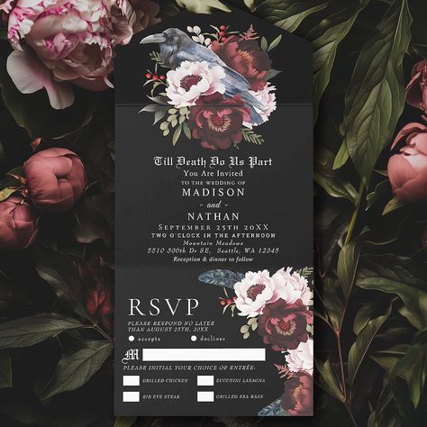 Romantic Gothic Watercolor Raven Floral Wedding All-In-One Invitation This goth floral raven wedding design features a simple, moody watercolor illustration of a raven perched on a bouquet. Perfect for a timeless romantic goth wedding or other special occasion. It is beautifully suited to a spooky Halloween event in the fall or a unique winter event in a casual or formal setting. For more invitations and gifts our Zazzle shop #linkinbio #Zazzlemade #weddingstationery #weddinginvitation #we... Romantic Goth Wedding, Raven Wedding, Gothic Watercolor, Moody Watercolor, Moody Halloween, Raven Perched, Goth Floral, Dark Romantic Wedding, Goth Wedding