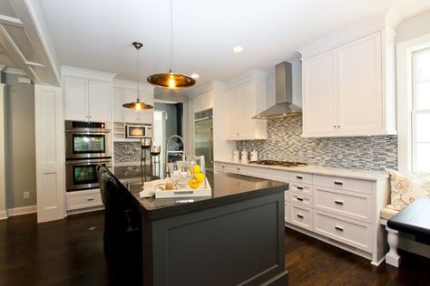 Island painted with Benjamin Moore Wrought Iron. Cabinetry Details, Island Remodel, Benjamin Moore Wrought Iron, Island Colors, Color Spotlight, Dark Island, Kendall Charcoal, Two Tone Kitchen Cabinets, Kitchen Island Cabinets