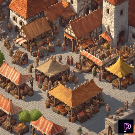 Step back in time to a bustling medieval marketplace, where vendors and townspeople bring a vibrant scene to life. 🏰🛡️   What historical wonders will your art capture today?   #AI #Art #PicassoAIArt #IsometricArt #MedievalMarket #History Midevil Market, Medieval Market Place, Fantasy Marketplace, Anime Composition, Medieval Marketplace, Medieval Shop, Dnd Places, Tiny Glade, Marketplace Minecraft