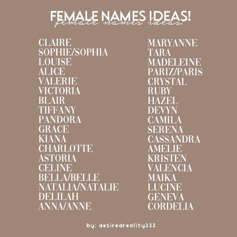 Female Name Ideas, Oc Names, Female Character Names, Writing Planning, Sweet Baby Names, Best Character Names, Writing Dialogue Prompts, Aesthetic Names, Creative Names