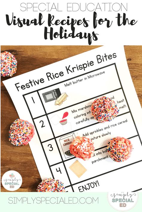 Visual Recipes for the Holidays - Every special education teacher is going to LOVE these simple NO BAKE recipes to bring some fun, edible learning into the sped or early childhood classroom this holiday season. Click through to see the cookies, rice krispie balls, and festive pancakes. Great for ANY grade level in December, January, or anytime you want to do classroom cooking. (Elementary, middle & high school) #ClassroomCooking #SpecialEducation Rice Krispie Balls, Classroom Cooking, No Bake Recipes, Special Education Lesson Plans, Preschool Cooking, Recipes For The Holidays, Middle School Special Education, Cooking In The Classroom, Life Skills Classroom