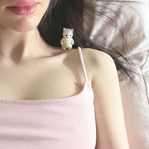 A Woman, Teddy Bear, Tank Top, Bed, Pink, White