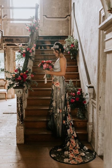 Blush And Black Wedding Dress, Dark Floral Wedding Dress, Unconventional Dress, Claire Pettibone Wedding Dress, House Outside, Philadelphia Wedding Venues, Jasmine Wedding, Hacienda Wedding, Wedding Dress Black