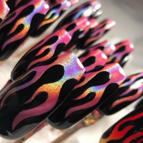 Glitter Flame Nails, Chrome Flame Nails, Flame Nail Designs, Gel Chrome Nails, Flame Nails, Flame Nail Art, Korean Nail, Witch Nails, Holo Nails