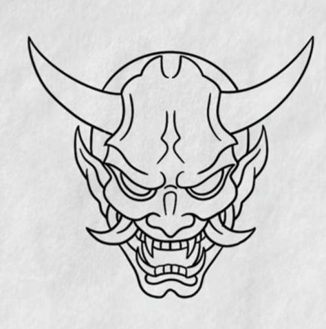 Simple Hannya Mask Tattoo, Simple Oni Mask Tattoo, Omi Mask Tattoo, Hannya Mask Drawing, Japanese Drawing Simple, Oni Drawing, Japanese Mask Tattoo, Black And White Flower Tattoo, Small Cross Tattoos