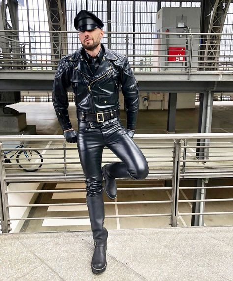 Buy Leather Uniform ❤️❤️ ___________________________ Available All Sizes Made to Measure Facility Also Available Shipping All Over The World __________________________ _ Visit our store to buy or see whole leather collection ___________________________ For Wholesale Inquries please email Leatherind8@gmail.com ___________________________ #leatherpants #leatherclothing #bluf #leathergoods #gayfetish #gayink #beproudofyourfetish #gear365leather #vikingleather #gayleatherbear #meninjacket #me... Leather Jacket Outfit Men, Leather Fashion Men, Mens Leather Clothing, Mens Leather Pants, Leather Clothing, Leather Gear, Masculine Men, Leather Jacket Outfits, Leather Jeans