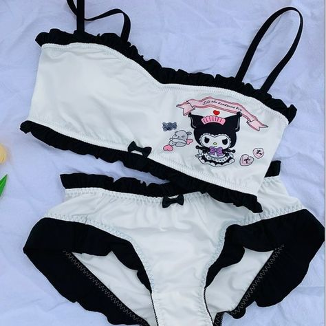 Sanrio Kuromi Cute Bra Panties Set Wire-Free Soft Intimates Set Black & White Bandeau Style Top Adjustable/Removable Straps Removable Padding Lined Cotton/Polyester Blend Cute Bra, Egirl Outfits, White Bandeau, Bra Panties, Night Club Dress, Cute Sleepwear, Cute Pajama Sets, Cute Bras, Sanrio Kuromi