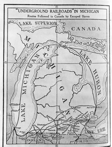 The routes followed by escaped slaves to Canada. Underground Railroads in Michigan map Underground Railroad Map, Underground Railroad Activities, Orphan Train, African American Inventors, Michigan Map, Detroit History, Underground Railroad, Mystery Of History, Basement Bar