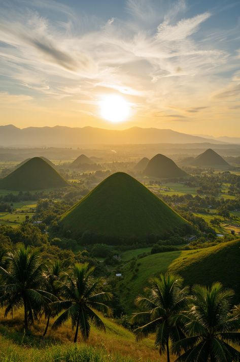 "Experience the magic of sunrise over the Chocolate Hills in Bohol, Philippines. These iconic, symmetrical hills create a breathtaking landscape. #ChocolateHills #Bohol #TravelPhilippines" Bohol Chocolate Hills Philippines, Bohol Chocolate Hills, Tropical Vegetation, Chocolate Hills, Bohol Philippines, Beautiful Skies, Bohol, Long Shadow, Golden Light