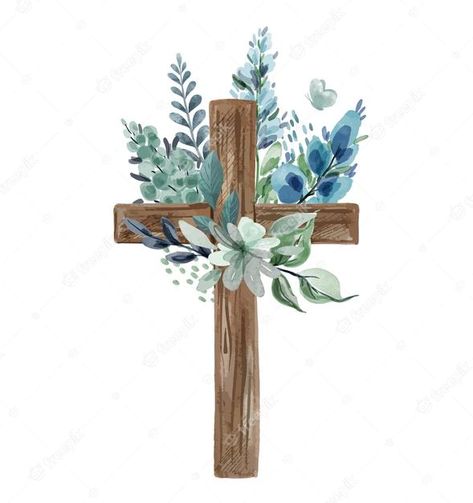 Premium Vector | Christian cross with floral decoration, cold green and bluish tints. watercolor illustration Cross With Flowers, Cross Background, Recuerdos Primera Comunion Ideas, Cross Art, Anemone Flower, Easter Cross, Katniss Everdeen, Cross Paintings, Jesus Art