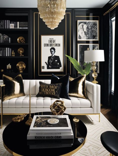 Black And Gold Sitting Room Ideas, Modern Glam Style, Hollywood Style Interior Design, Vintage Hollywood Living Room, Hollywood Chic Decor, Black White And Gold Interior Design, Great Gatsby Living Room, Old Hollywood Glamour Home, Black Interior Designers