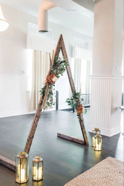 A Frame Wedding Arch Boho, How To Decorate A Triangle Wedding Arch, Triangle Wood Wedding Arch, Wood Triangle Backdrop, Arch Decoration Wedding Triangle, Rustic Wedding Decor With Lanterns, Triangle Decoration Ideas, Fall Wedding Triangle Arch, Triangle Photo Backdrop