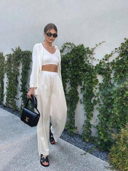 Silky Outfit, Denmark Fashion, Viking Women, High Waist Wide Leg Pants, Independent Women Quotes, Satin Pants, Silk Trousers, High Waist Pants, Ivory Silk