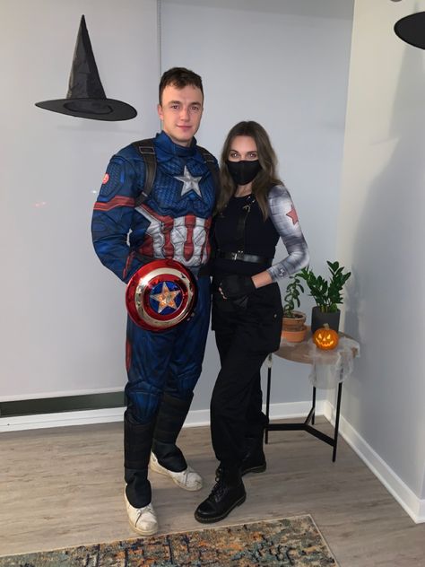 Peggy Carter And Captain America Costume, Captain America Couple Costume, Winter Soldier Bucky Costume, Avenger Couple Costume, Captain America And Bucky Costume, Captain America And Peggy Costume, Captain America Trunk Or Treat, Bucky Halloween Costume, Halloween Costumes Couples Marvel