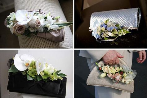 Wedding Corsages For Mothers | Handbag Corsages for Mom Corsage Wedding Mother, Bride Handbag, Mother Of Bride Corsage, Flowers At Wedding, Wedding Party Flowers, Fancy Flowers, Emerald Green Weddings, Wedding Handbag, Corsage And Boutonniere