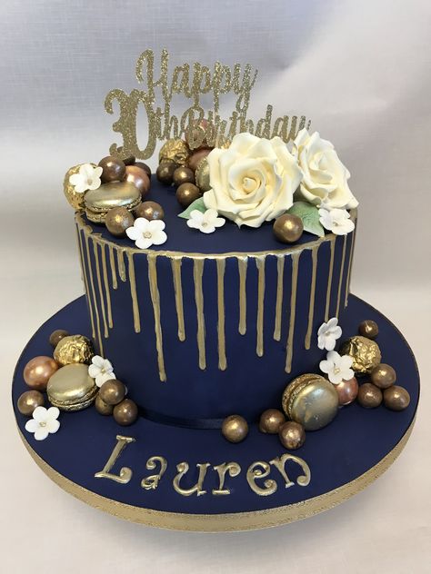 Based on a anniversary design of ours - navy blue and gold theme drip cake for 30th Birthday Navy And Gold Drip Cake, Navy Blue And Gold Cake Birthday, Blue And Gold Cake Birthday, 30th Birthday Cake Pink, Birthday Cake Blue And Gold, Blue Birthday Cakes For Women, Navy Blue Birthday Cake, Navy Blue And Gold Cake, 30th Birthday Party Cake