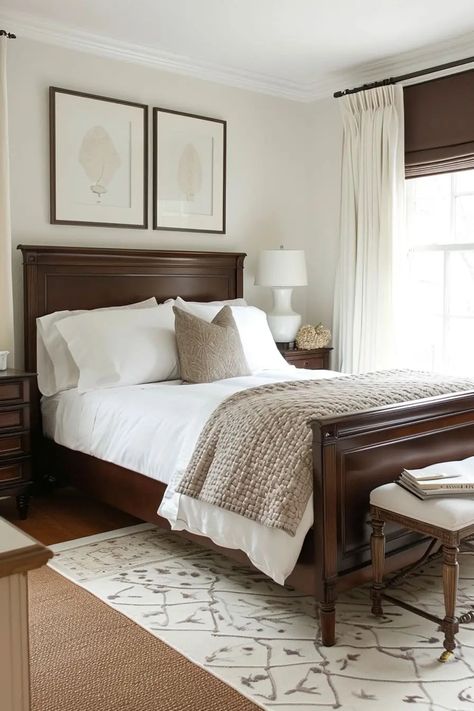 25 Captivating Brown and White Bedroom Ideas You'll Love - Roomy Retreat Brown Beige White Bedroom, Simple Room Furniture Bedroom, Brown And White House Interior Design, White Bedding Dark Furniture, White And Brown Furniture Mixing, White And Brown Bedroom Aesthetic, Room With Dark Brown Furniture, White Bedroom Dark Furniture, Brown House Decor