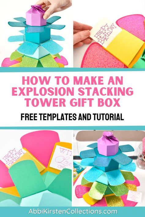 Gift Box Tutorial, Exploding Gift Box, Gift Towers, Rainy Day Crafts, Box Tutorial, Cricut Expression, Rainbow Paper, Gift Box Template, Giant Paper Flowers