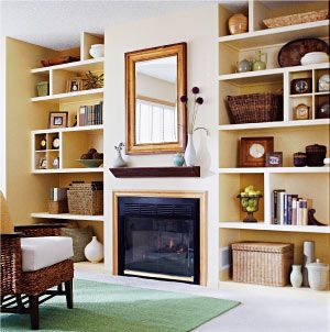 Alcove shelves - quite funky :) Bedroom Alcove, Alcove Shelves, Alcove Storage, Alcove Shelving, Fireplace Shelves, Shelving Solutions, Front Rooms, Fireplace Remodel, Living Room Shelves