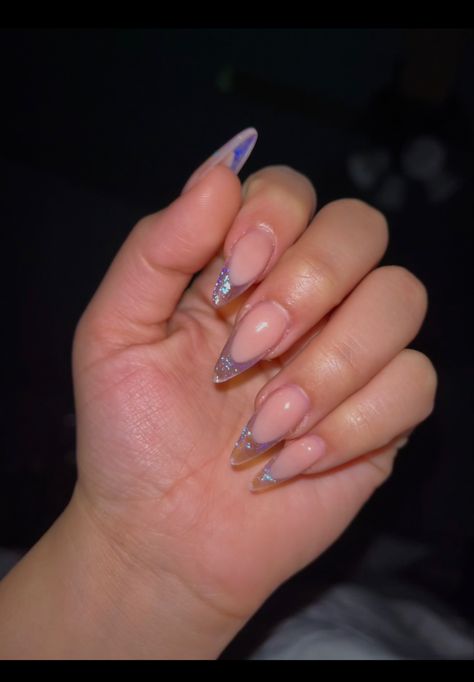 medium length almond shaped clear blue iridescent glitter french tip nails Valentines Day Nails Medium Length, Valentines Day Nails Medium, Almond Shaped Nails Acrylic, Valentines Day Nails French, Medium Length Almond Nails, Nail Inspo Valentines Day, French Tips Almond, Medium Length Nails, Length Nails